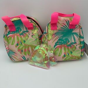 Tropical Print Lunch Bags with Pink Handles with ice packs